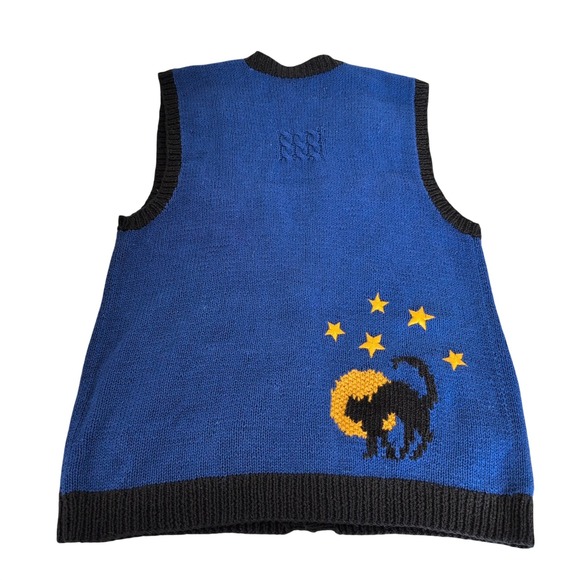 Vintage Marisa Christina L Blue Halloween Cat Moon Stars Knit Vest Ugly Sweater - Picture 2 of 9